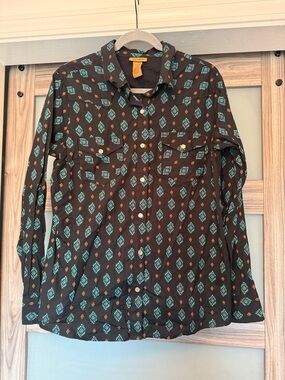 Wrangler Brown Button-Down Shirt with Teal and Mustard Print